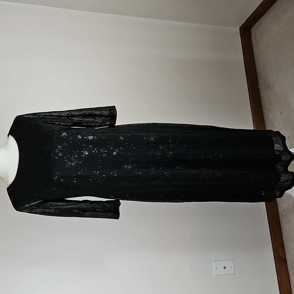 Rabbit Rabbit Rabbit Maxi Dress 10P Black Sheer Sleeve Elegant Sparkle Event